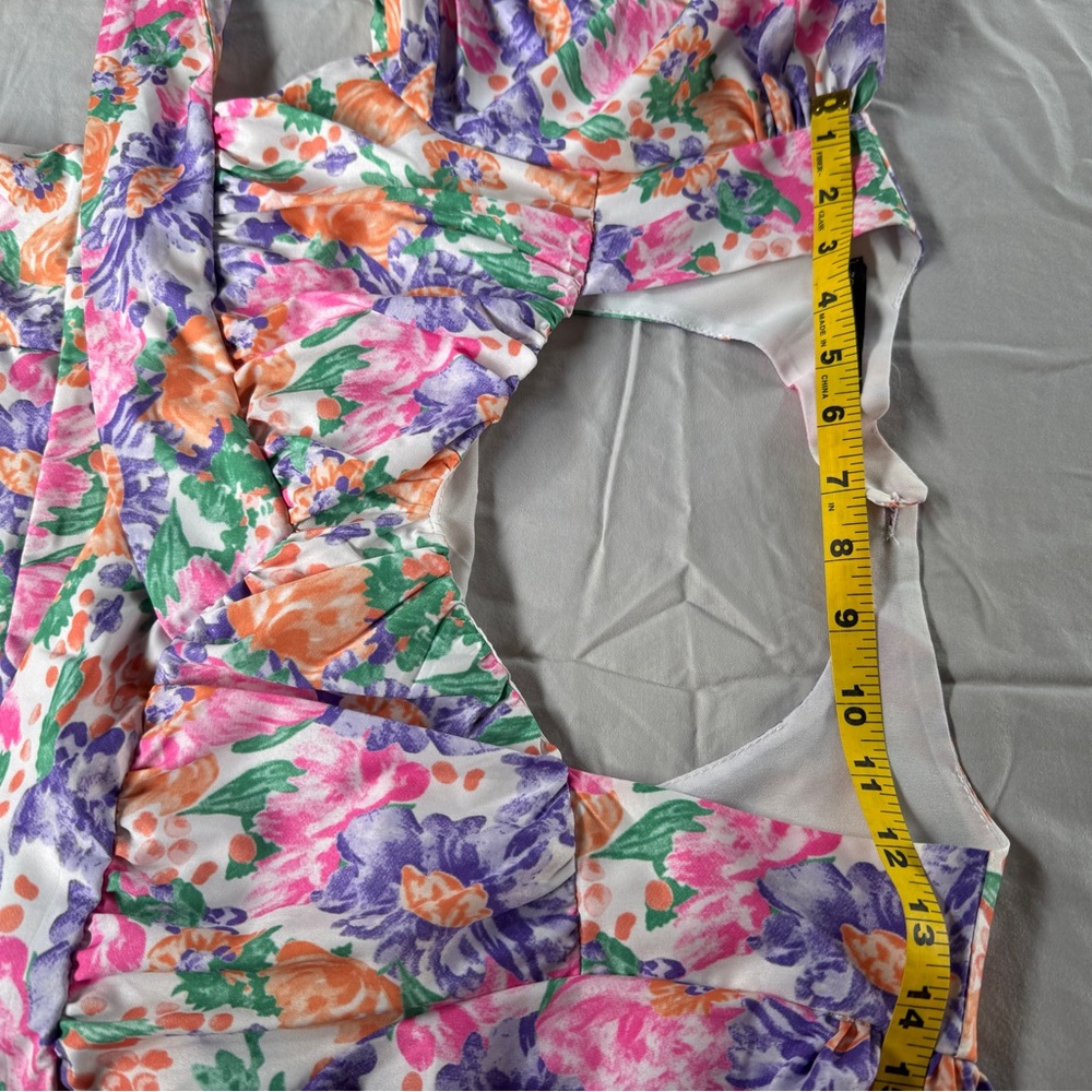 ZC Multicolor Floral Puff Sleeve Open Back Short Dress Sweetheart Neck (L) - Picture 11 of 13